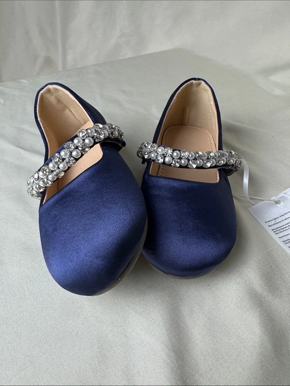 Girls' Navy Satin Mary Jane Dress Shoes with Pearl & Rhinestone Strap